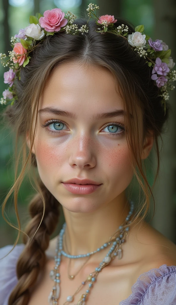 The image is a close-up portrait of a young woman with long, colorful braided hair. She is wearing a necklace with multiple layers of beads and necklaces. Her hair is styled in loose curls and cascades over her shoulders. She has a flower crown on her head, which is made up of small, colorful flowers in shades of pink, purple, and green. Her face is painted with freckles and her eyes are a deep blue. The background is blurred, but it appears to be an outdoor setting with trees and foliage. The overall mood of the image is dreamy and ethereal.