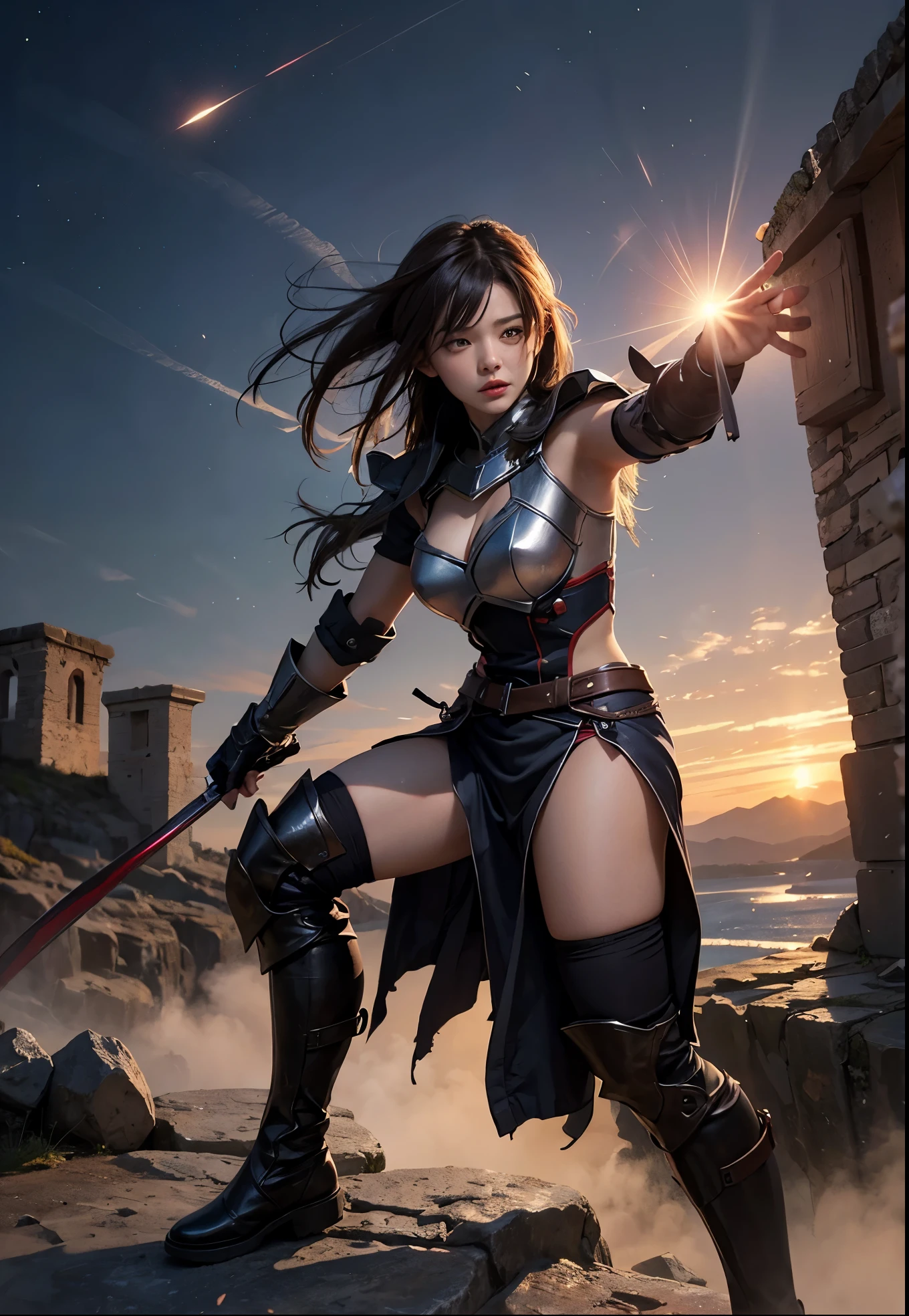 "Create a hyper-realistic image of Benedetta from Mobile Legends, engaged in an intense battle. She should be depicted mid-action, with her signature weapon, the Alecto: Final Blow, glowing with energy. The background should feature a war-torn landscape, with debris and sparks flying around. Her expression should be fierce and determined, showcasing her agility and strength. The image should capture the dynamic motion and vivid details of her armor and the environment, emphasizing the intensity of the fight."
