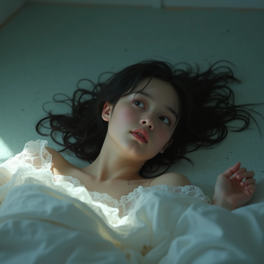 (eyes closed: 1.4), dark emo girl, wearing transparent clothes, on bed, white sheets, near corners, realistic face, detail face, detail background a little blurry, mysterious view, wet reflection, not much light on the model, correct shadows, HDR, photo realistic, photo with dark tones, Gothic photo, mid