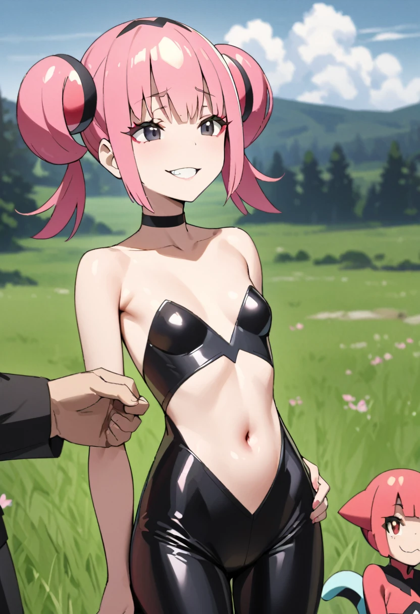  best quality images 、 very small breasts、 very young girl 、 ( Pokémon　Coral)、Slender body、Pink Hair、  short twin tail 、 dark eyes、 red eyeshadow 、 BLACK LEATHER OUTFIT 、The abdomen is exposed、grassland、A wicked smile、 is putting his hand on his lower back