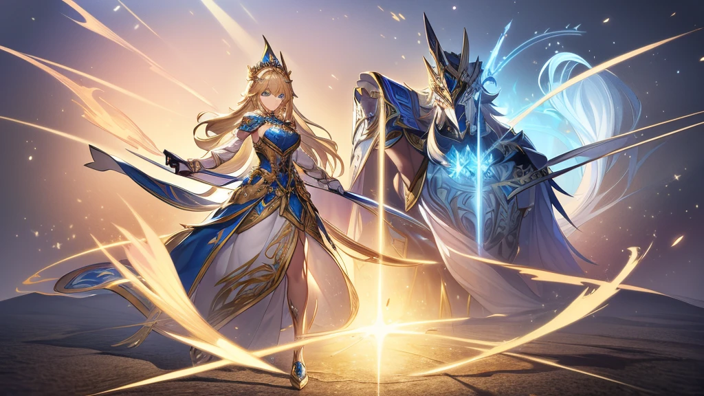 High quality image, best quality, extremely detailed CG Unity 8k, wallpaper, masterpiece, ultra-detailed, superfine illustration, beautiful and detailed face, beautiful and detailed eyes, a beautiful blonde girl with crystal blue eyes and a sharp gaze with gold earrings wearing a silver knight armor with a blue cape holding a sword in an action pose, full body art.