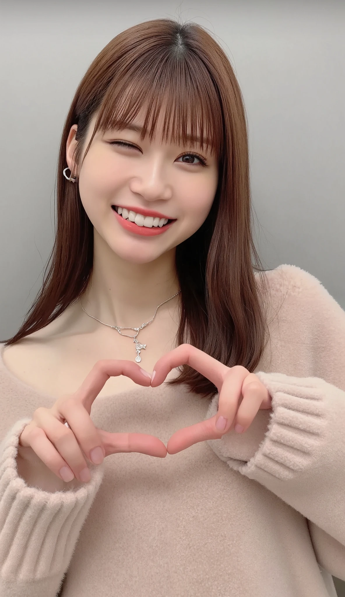 Only one woman with a cute smile wears cute, fluffy off-shoulder pajamas, makes a big heart shape with both hands, and poses them in front of her chest, View above collarbone、The background is a monotone 

