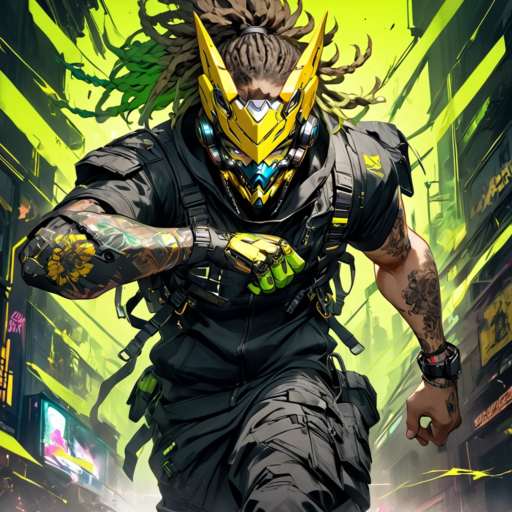 cyborg, 1_man_cyberpunk_2077, barghest, neon yellow and black techwear, cyberpunk backdrop, neongreen dreadlocks, golden skullmask over his mouth, neongreen eyes, tattoos on lower arms, sprinting
