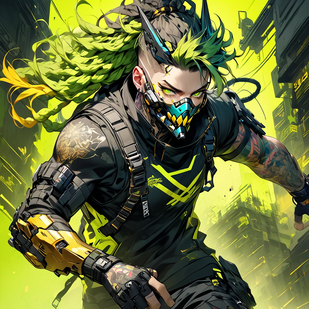 cyborg, 1_man_cyberpunk_2077, barghest, neon yellow and black techwear, cyberpunk backdrop, neongreen dreadlocks, golden skullmask over his mouth, neongreen eyes, tattoos on lower arms, sprinting
