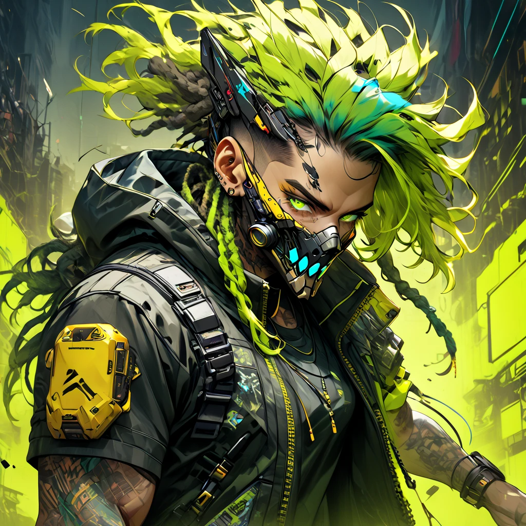 cyborg, 1_man_cyberpunk_2077, barghest, neon yellow and black techwear, cyberpunk backdrop, neongreen dreadlocks, golden skullmask, neongreen eyes, tattoos on lower arms, sprinting
