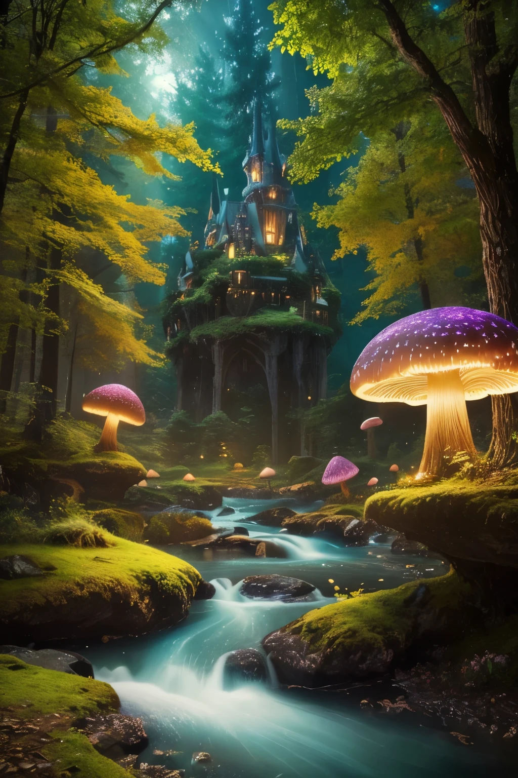 A dreamlike fantasy landscape, a surreal forest with glowing mushrooms, floating islands, and a whimsical castle in the distance, 1girl, detailed face, beautiful eyes, long hair, detailed dress, walking through the mystical scenery, (best quality,4k,8k,highres,masterpiece:1.2),ultra-detailed,(realistic,photorealistic,photo-realistic:1.37),fantasy,surreal,dreamscape,magical,ethereal,glowing,vibrant colors,dramatic lighting