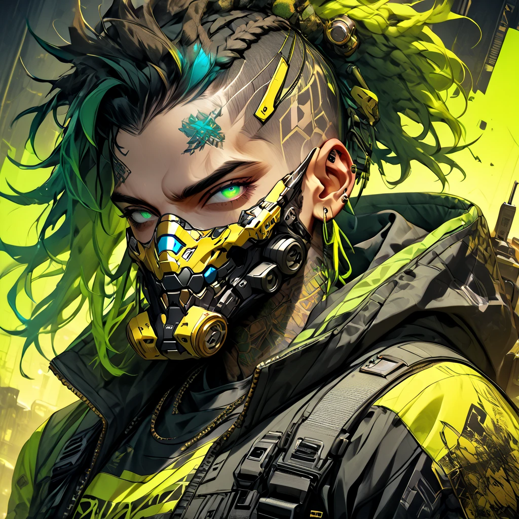 cyborg, 1_man_cyberpunk_2077, barghest, neon yellow and black techwear, cyberpunk backdrop, neongreen dreadlocks, golden skullmask over his mouth, neongreen eyes, tattoos on lower arms, showing off
