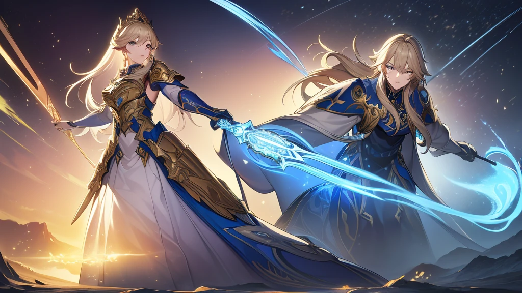 High quality image, best quality, extremely detailed CG Unity 8k, wallpaper, masterpiece, ultra-detailed, superfine illustration, beautiful and detailed face, beautiful and detailed eyes, a beautiful blonde girl with crystal blue eyes and a sharp gaze with gold earrings wearing a silver knight armor with a blue cape holding a sword in an action pose, full body art.