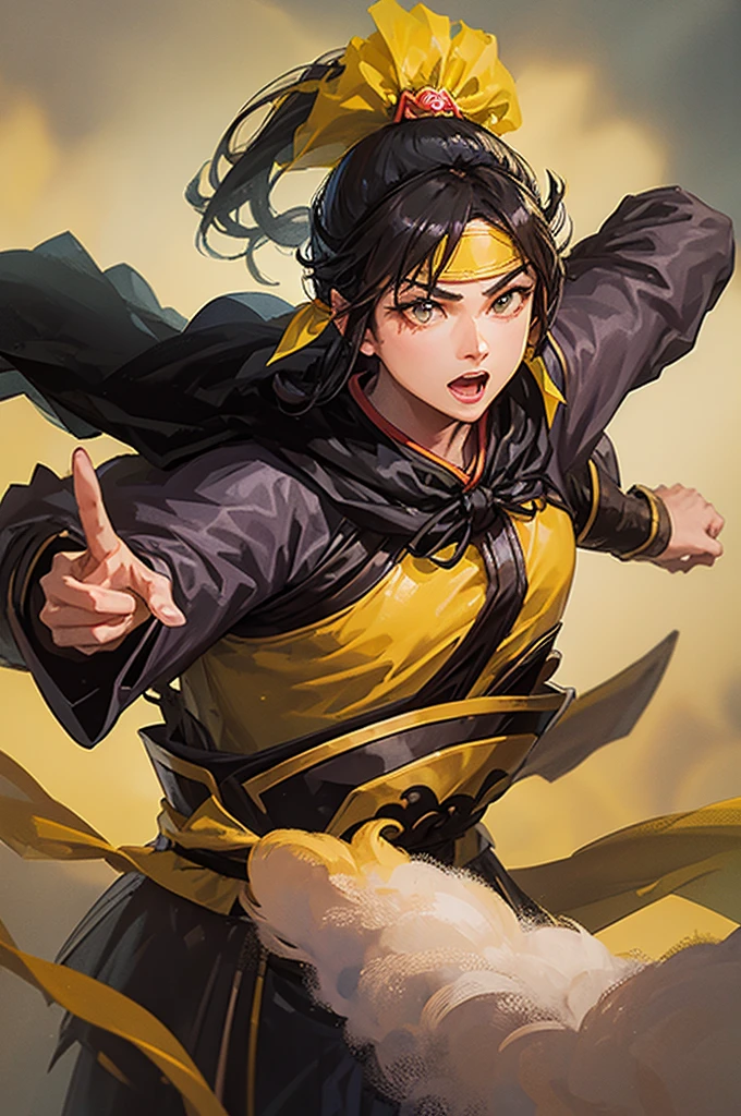 A young black ponytail Chinese beauty from the Three Kingdoms period wearing a fox leather cape wearing a yellow headband is commanding the army