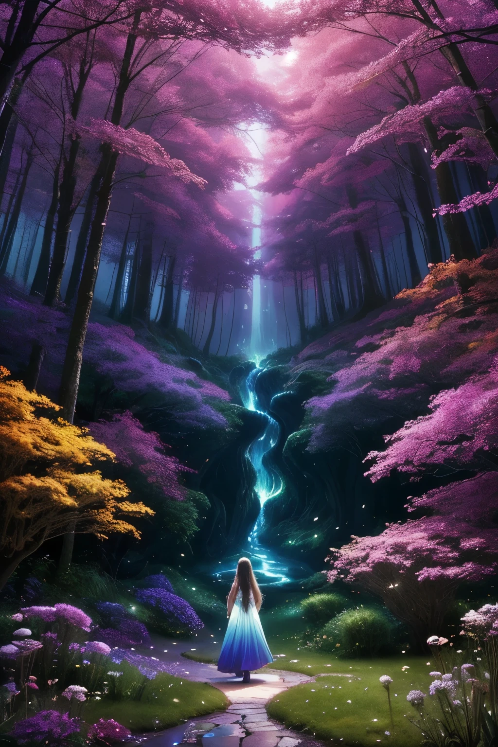 A dreamlike fantasy landscape, a surreal forest with glowing mushrooms, floating islands, and a whimsical castle in the distance, 1girl, detailed face, beautiful eyes, long hair, detailed dress, walking through the mystical scenery, (best quality,4k,8k,highres,masterpiece:1.2),ultra-detailed,(realistic,photorealistic,photo-realistic:1.37),fantasy,surreal,dreamscape,magical,ethereal,glowing,vibrant colors,dramatic lighting