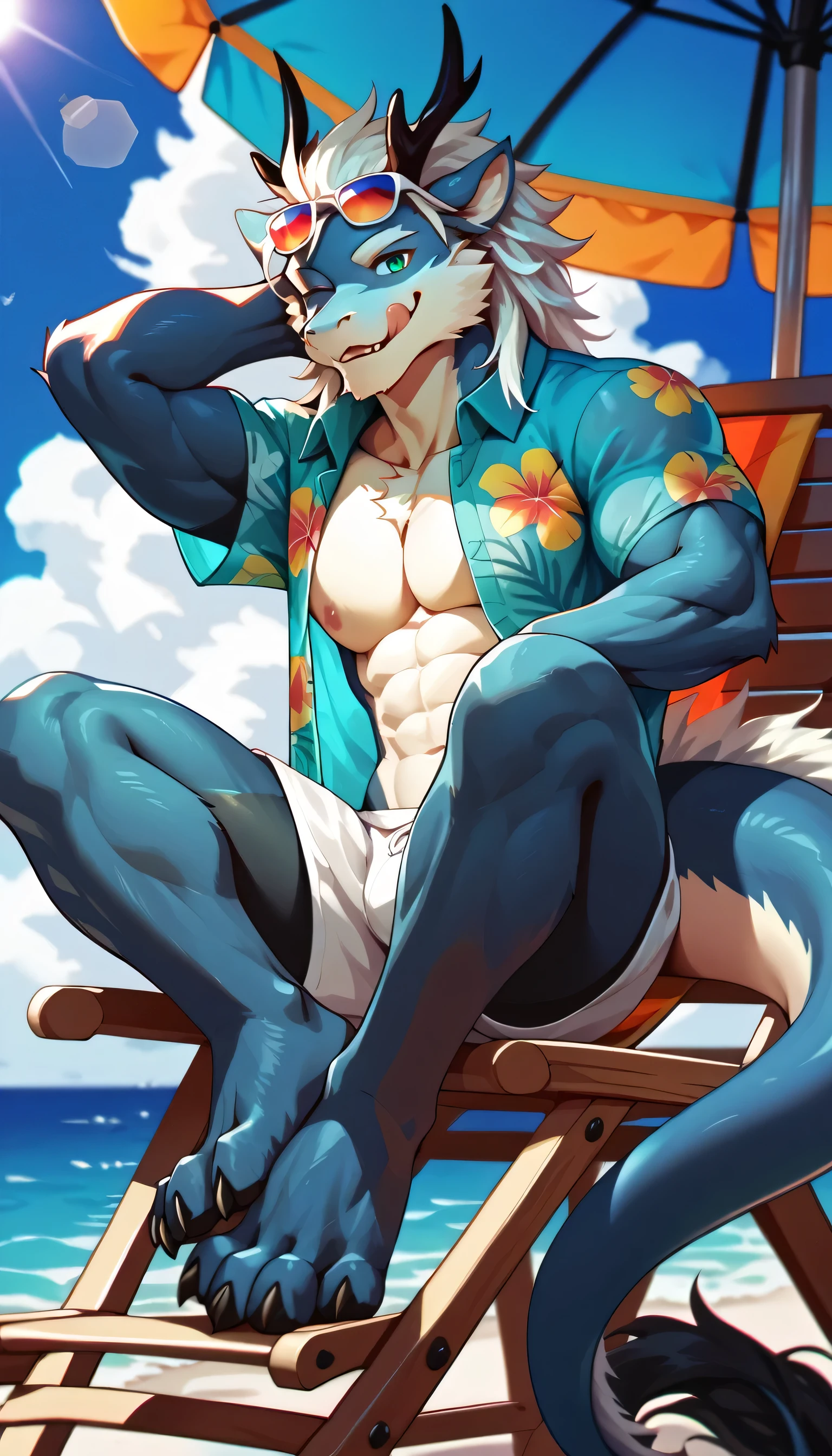 shark, male, white skin, gray skin, pointy teeth, pointy smile, strong abs, smooth skin, short dark blue fluffy hairstyle, orange eyes, confident smile, zackary911 artstyle, laying, laying on beach, sunny, clean weather, tail, shark tail, long shark tail, scar on cheek, scar