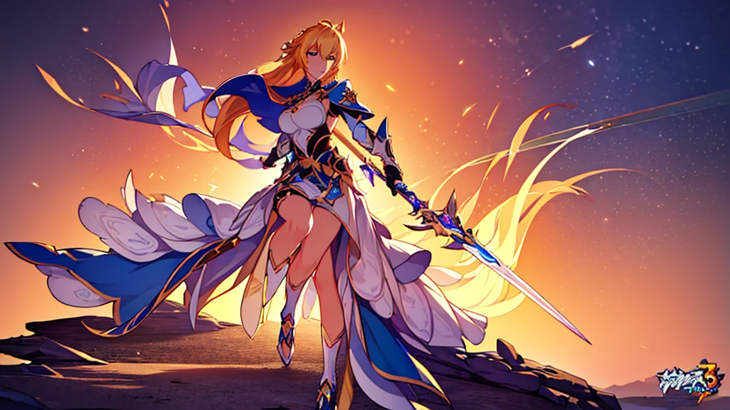 High quality image, best quality, extremely detailed CG Unity 8k, wallpaper, masterpiece, ultra-detailed, superfine illustration, beautiful and detailed face, beautiful and detailed eyes, a beautiful blonde girl with crystal blue eyes and a sharp gaze with gold earrings wearing a silver knight armor with a blue cape holding a sword in an action pose, full body art.