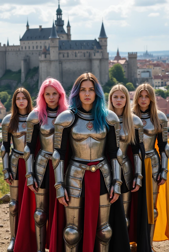 a group of women with dyed hair and detailed medieval paladin armor., sitting with their legs spread and smiling sweetly Medieval city with a castle in the background