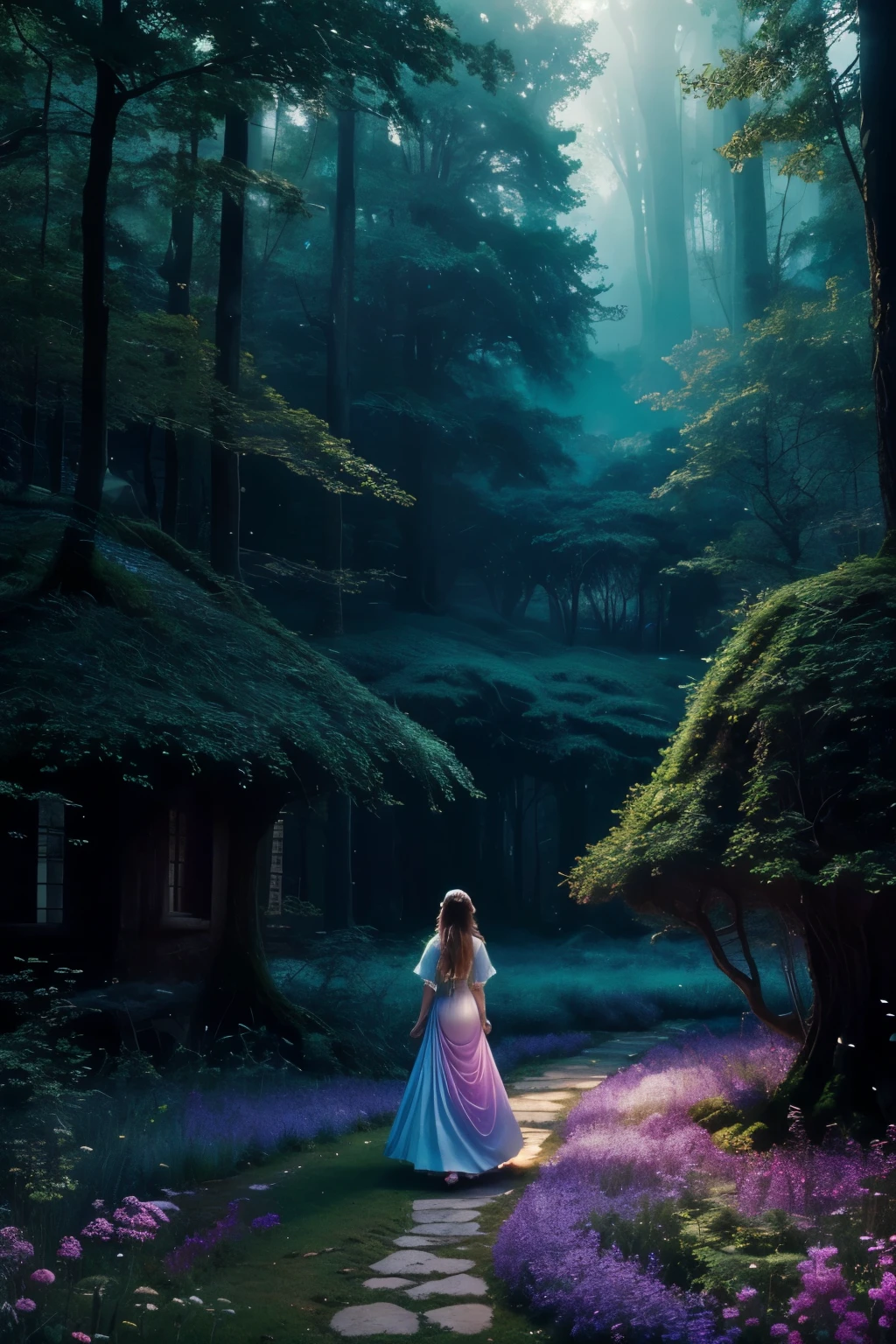 A dreamlike fantasy landscape, a surreal forest with glowing mushrooms, floating islands, and a whimsical castle in the distance, 1girl, detailed face, beautiful eyes, long hair, detailed dress, walking through the mystical scenery, (best quality,4k,8k,highres,masterpiece:1.2),ultra-detailed,(realistic,photorealistic,photo-realistic:1.37),fantasy,surreal,dreamscape,magical,ethereal,glowing,vibrant colors,dramatic lighting