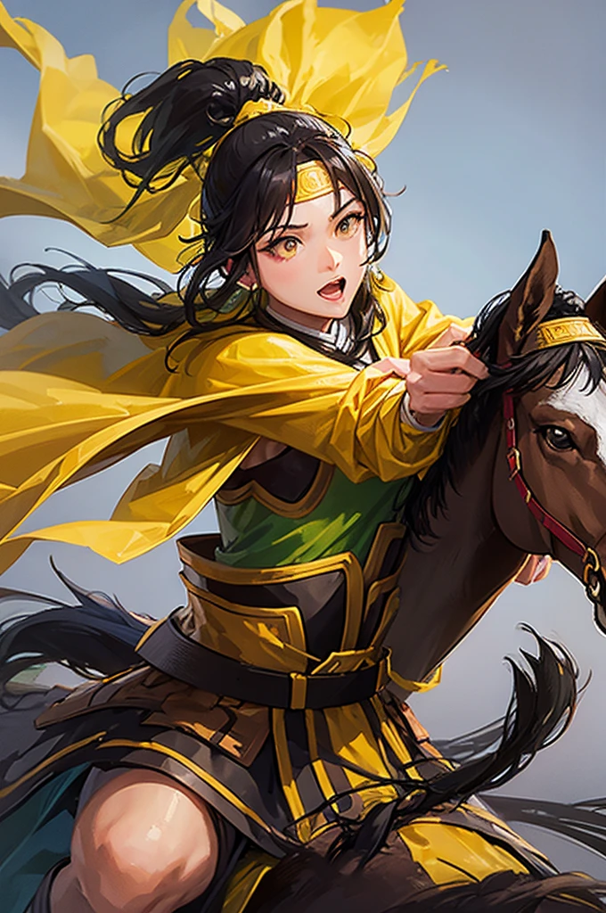 A young black ponytail Chinese beauty from the Three Kingdoms period wearing a fox leather cape wearing a yellow headband is riding a horse