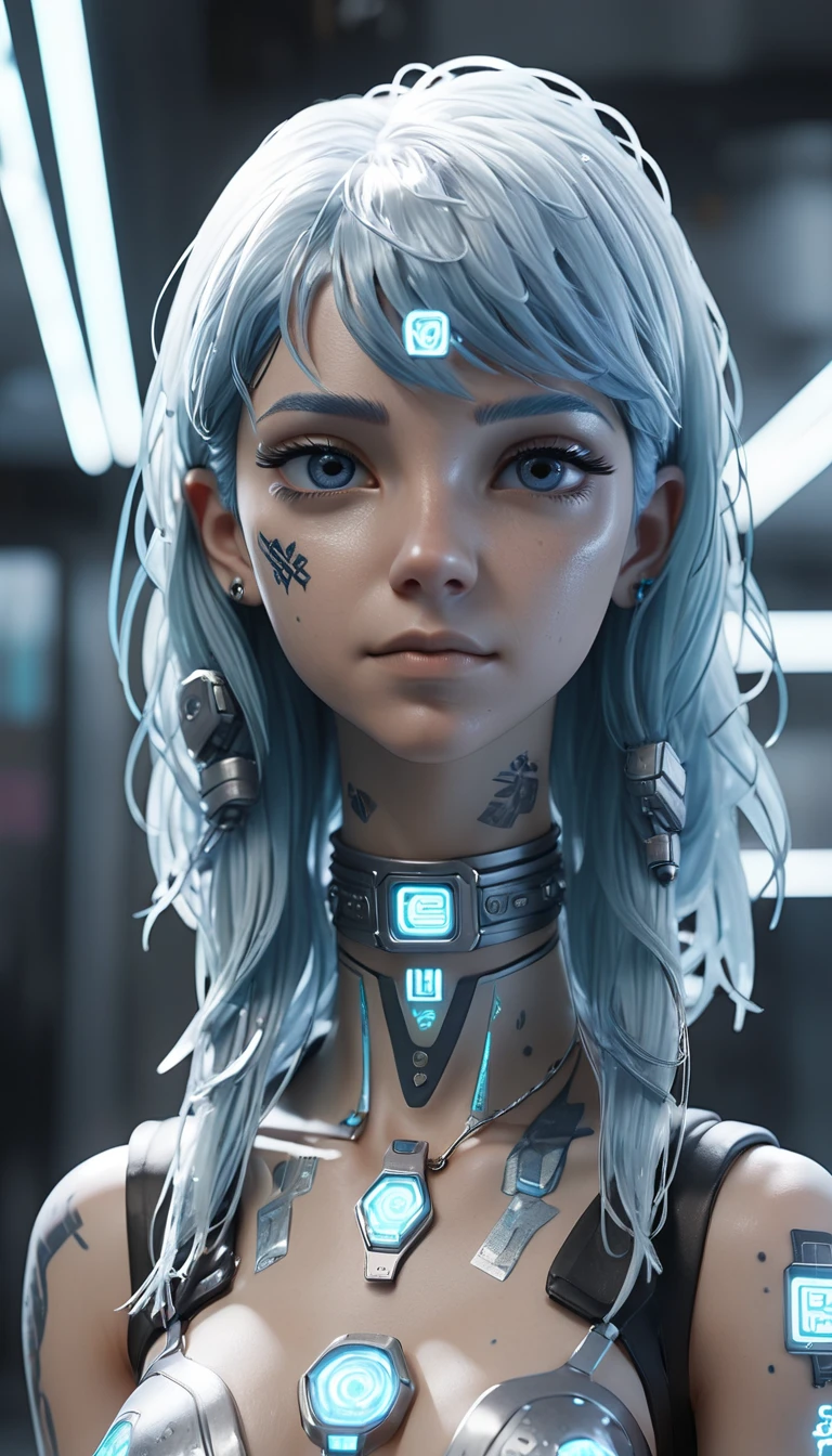 3D Animation,future, Cyberpunk ,transparent, light blue hair,white, glitter,Silver,3D Animation,whole body,masterpiece, accurate,  anatomically correct, Best Quality, 