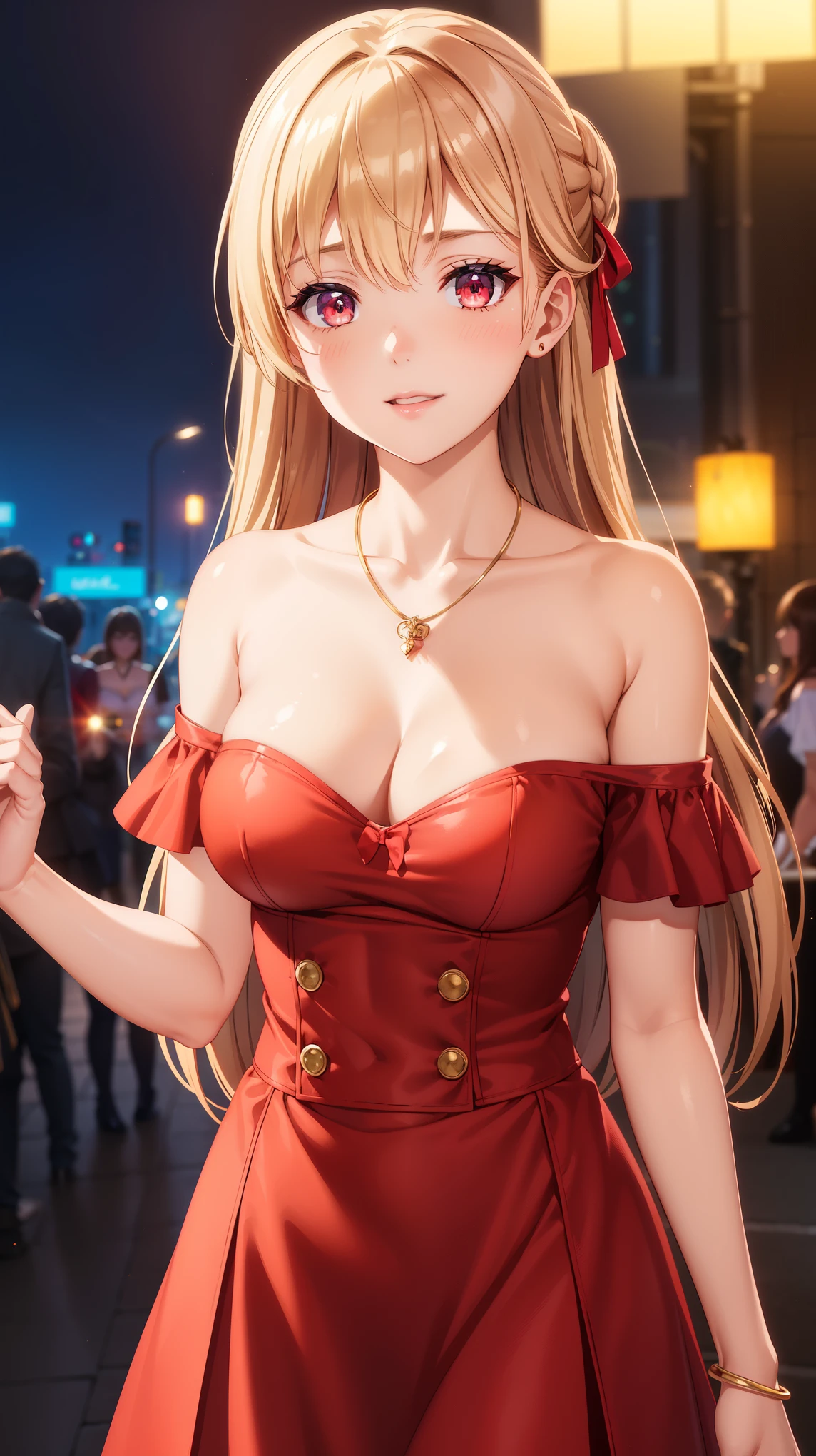 1girl, natural lighting, masterpiece, highly detailed, illustration, game CG, absurdres, high quality, beautiful detailed eyes, glossy lips, natural lighting, medium breasts, klaudia valentz, collarbone, jewelry, necklace, blush, red dress, off the shoulder, light smile, night, neon lights, red carpet, crowd (muy escotada)