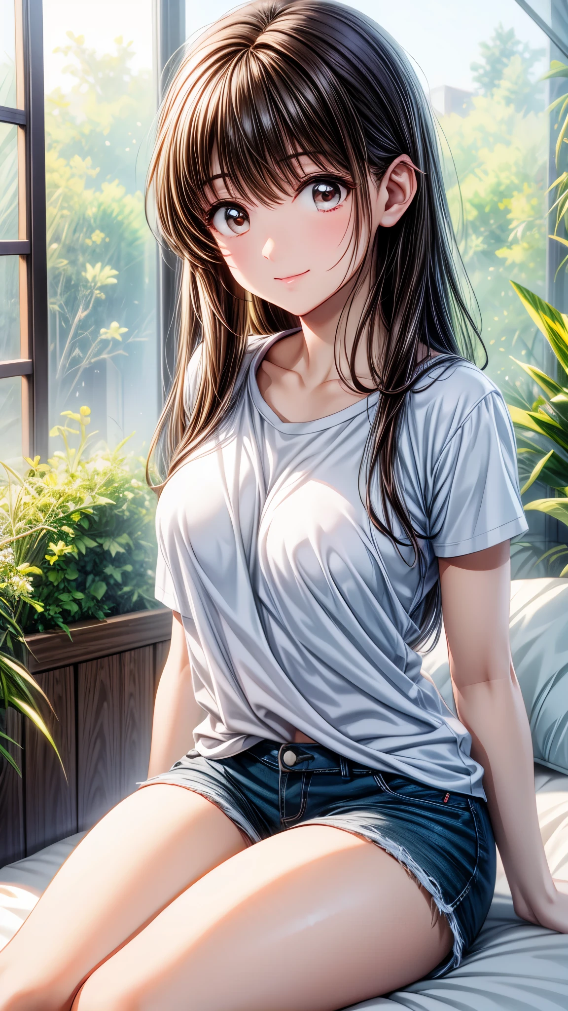 Best Quality、 Hi-Res、 high definition、 Hi-Res、((Relax in your room、 sitting on bed))、(Nitta Minami、Long Hair、 medium chest 、Brown Hair、 Brown Eyes 、 glossy lips、 glowing skin 、realistic skin texture、(T-Shirts、 shorts))、Love me、(、 staring at me)、(Very close)
