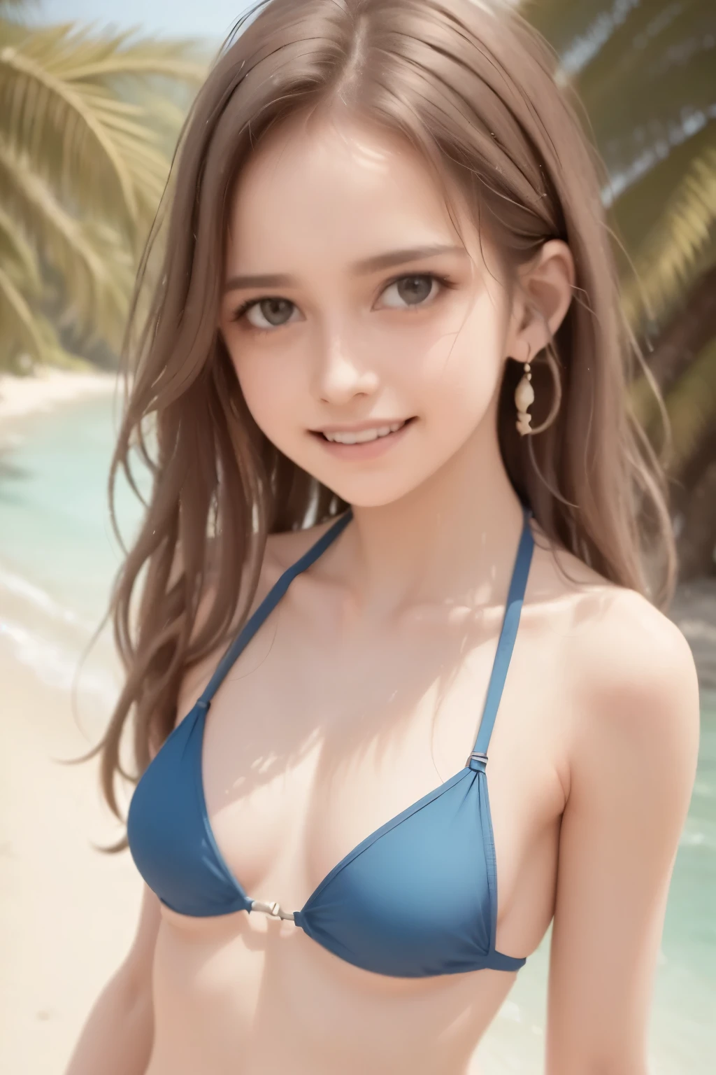 realistic photorealistic photo-realistic 8k, beautiful young woman in a bikini, detailed face, beautiful detailed eyes, beautiful detailed lips, detailed skin, extremely detailed facial features, small nose, fair skin, long eyelashes, soft lighting, warm color tones, golden hour lighting, ocean background, waves, sandy beach, clear blue sky, summer vibes, cinematic, masterpiece