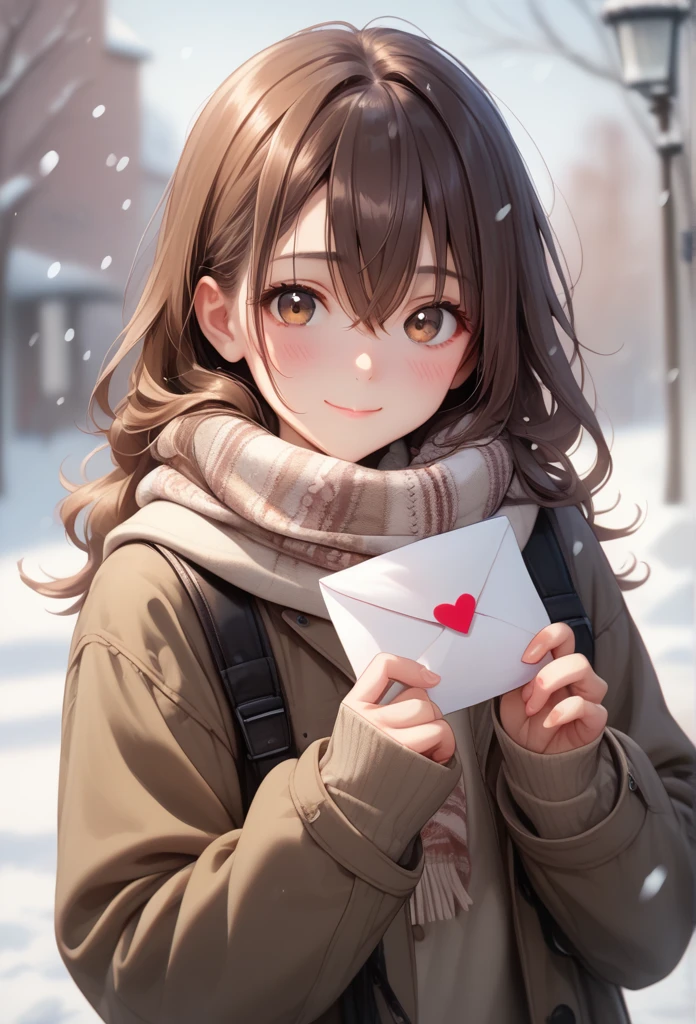 score_9, score_8_up, score_7_up, depth of field, 1girl, solo, long hair, looking at viewer, blush, smile, bangs, brown hair, long sleeves, holding, hair between eyes, brown eyes, closed mouth, jacket, upper body, heart, outdoors, scarf, blurry, sweater, sleeves past wrists, blurry background, snow, snowing, letter, envelope, shiny skin, shiny hair