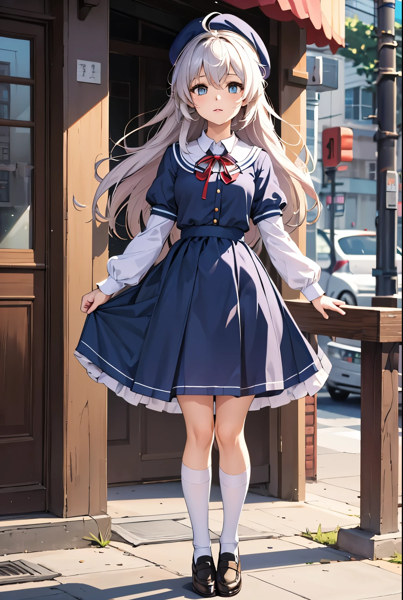 Anime girl in a blue dress and white shirt standing on a sidewalk ...