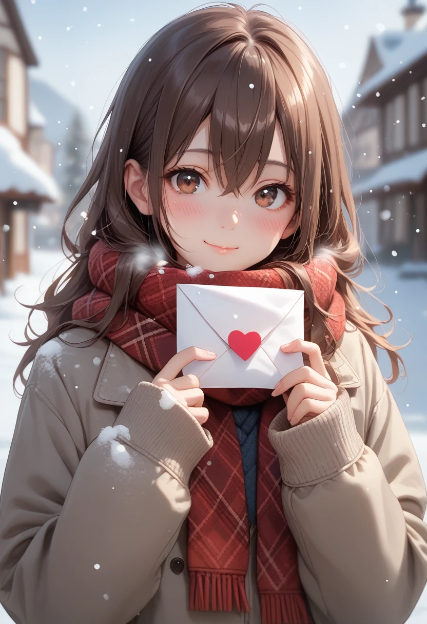 score_9, score_8_up, score_7_up, depth of field, 1girl, solo, long hair, looking at viewer, blush, smile, bangs, brown hair, long sleeves, holding, hair between eyes, brown eyes, closed mouth, jacket, upper body, heart, outdoors, scarf, blurry, sweater, sleeves past wrists, blurry background, snow, snowing, letter, envelope, shiny skin, shiny hair