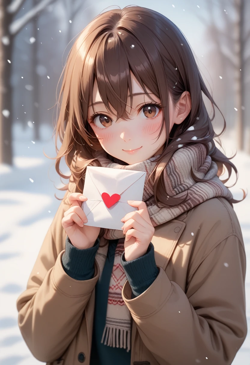 score_9, score_8_up, score_7_up, depth of field, 1girl, solo, long hair, looking at viewer, blush, smile, bangs, brown hair, long sleeves, holding, hair between eyes, brown eyes, closed mouth, jacket, upper body, heart, outdoors, scarf, blurry, sweater, sleeves past wrists, blurry background, snow, snowing, letter, envelope, shiny skin, shiny hair