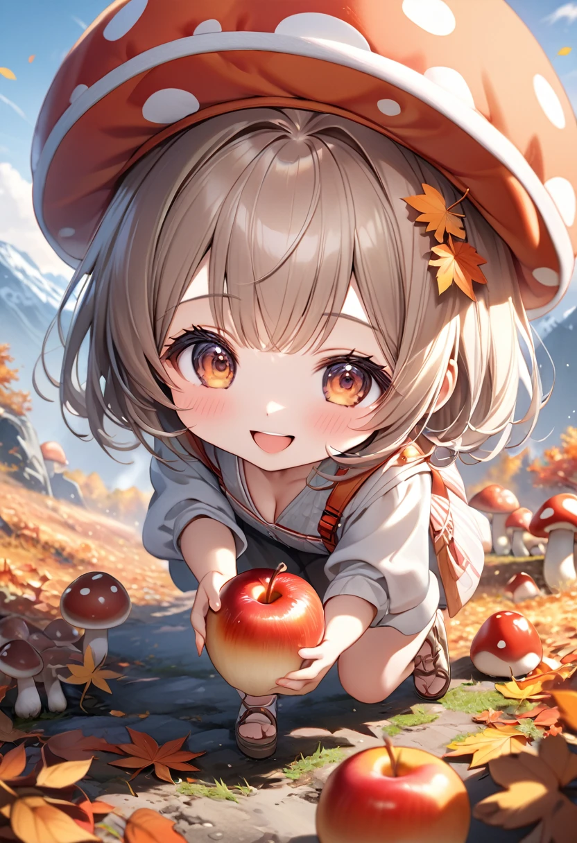 (masterpiece, ultra-detailed, best quality, clear focus, dramatic scene, cinematic), shadow, (ultra-high resolution, 8k), perfect anatomy, perfect face, (detailed face, detailed eye), cute Japanese chibi girl, (chibi:1.2), famous Japanese idol, very beautiful and cute and cool face, (wearing a cute outdoor wear:1.3), (large breasts), slim waist, happy smile, she looks so fun, (She is in the mountains picking mushrooms in the autumn leaves:1.3), a lot of large mushrooms are on the ground, many apples, many persimmons 