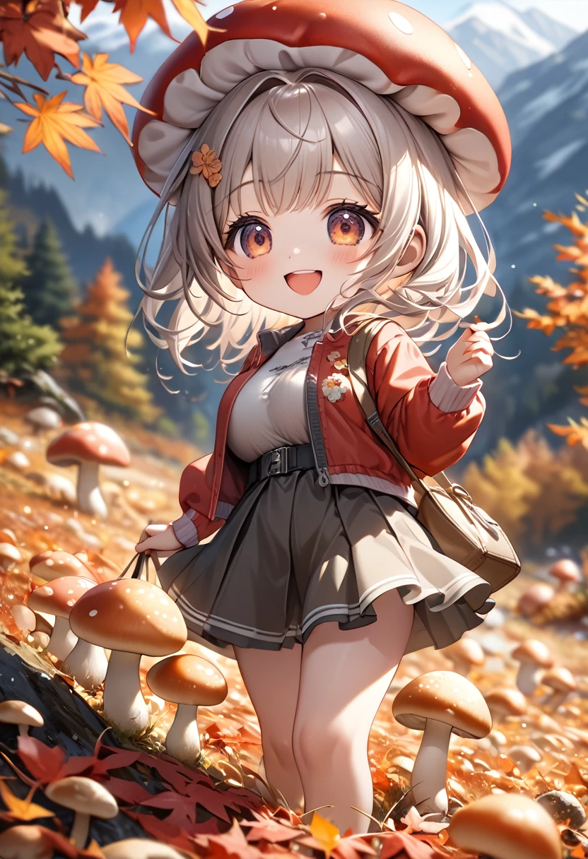 (masterpiece, ultra-detailed, best quality, clear focus, dramatic scene, cinematic), shadow, (ultra-high resolution, 8k), perfect anatomy, perfect face, (detailed face, detailed eye), cute Japanese chibi girl, (chibi:1.2), famous Japanese idol, very beautiful and cute and cool face, (wearing a cute outdoor wear:1.3), (large breasts), slim waist, happy smile, she looks so fun, (She is in the mountains picking mushrooms in the autumn leaves:1.3), a lot of large mushrooms are on the ground, many apples, many persimmons 