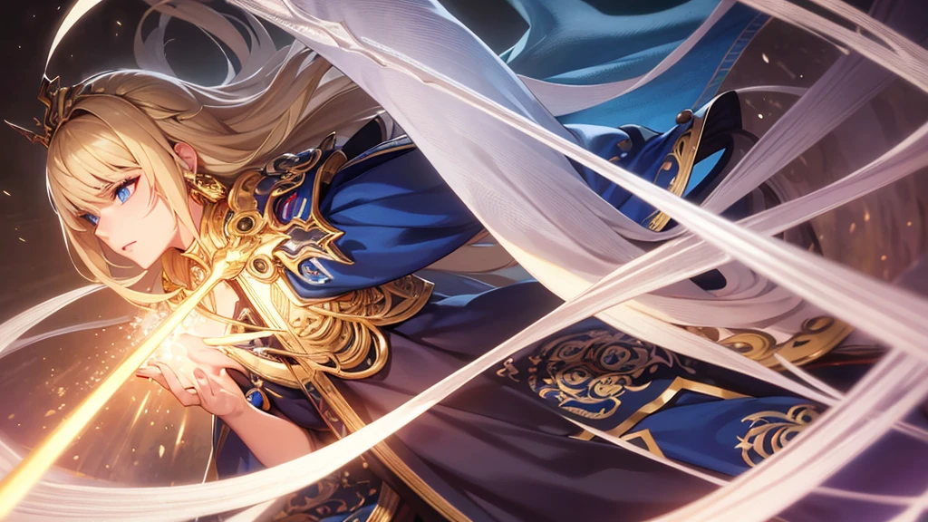 High quality image, best quality, extremely detailed CG Unity 8k, wallpaper, masterpiece, ultra-detailed, superfine illustration, beautiful and detailed face, beautiful and detailed eyes, one person, a beautiful blonde girl with crystal blue eyes and a sharp gaze with gold earrings wearing a silver knight armor with a blue cape holding a sword in an action pose, full body art.