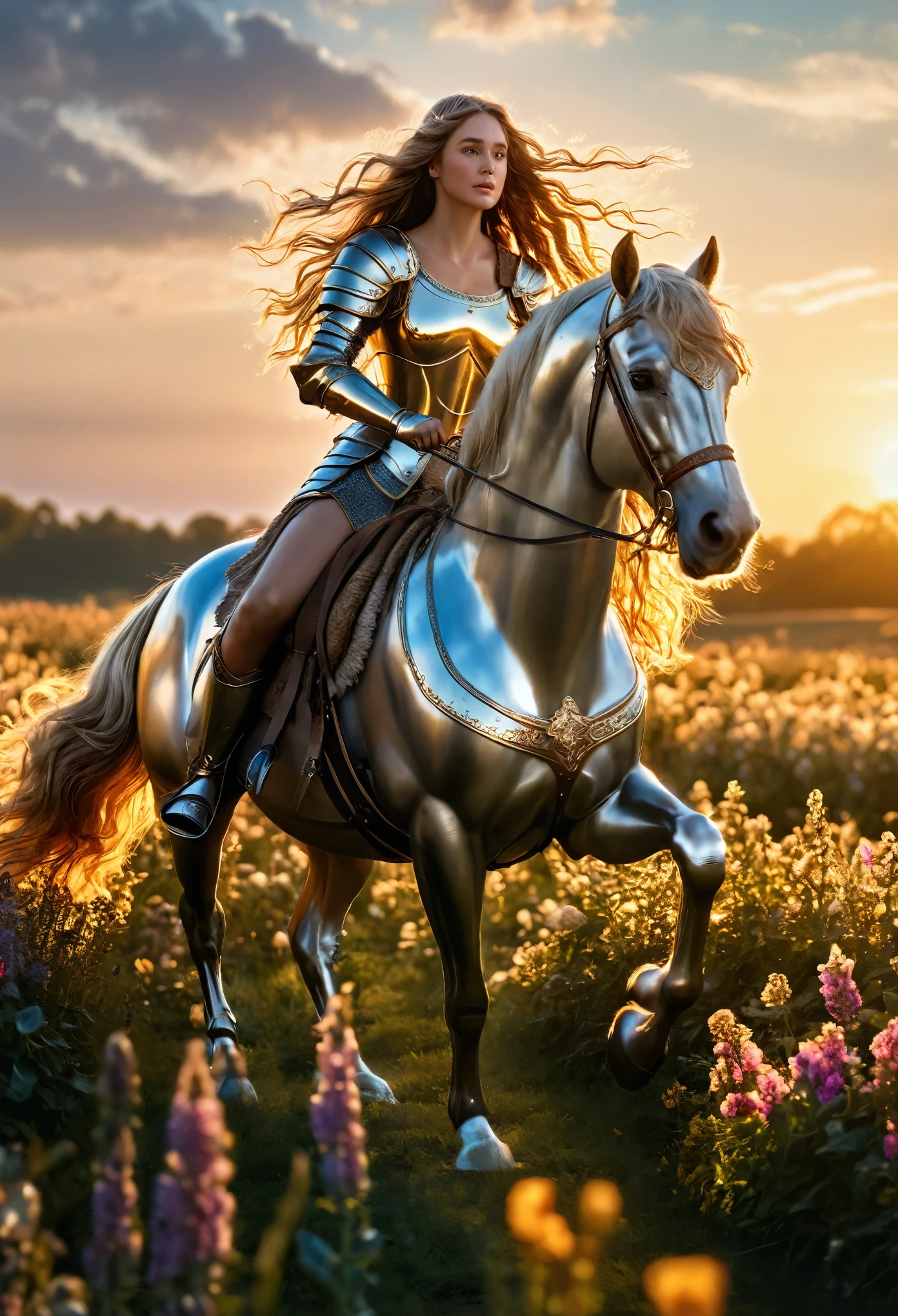 a majestic centaur girl, long wavy hair, shining medieval armor, field of flowers, dawn, golden light playing across features, (best quality,4k,8k,highres,masterpiece:1.2),ultra-detailed,(realistic,photorealistic,photo-realistic:1.37),highly detailed digital art, fantasy, intricate details, cinematic lighting, vibrant colors, dramatic composition