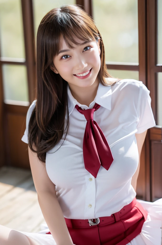 Tabletop, Highest quality, shape, Very detailed, In detail, High resolution, 8k wallpaper, Perfect dynamic composition, Beautiful details, White Magic Academy Uniform, Natural Lip, Big Breasts, Exposing the breasts,Asymmetrical Wave Hairstyle, smile