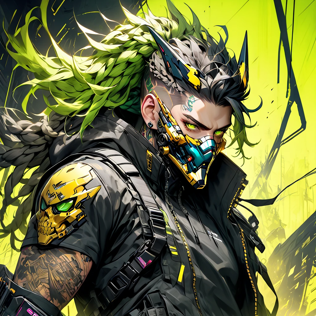 cyborg, 1_man_cyberpunk_2077, barghest, neon yellow and black techwear, cyberpunk backdrop, neongreen dreadlocks, golden skullmask over his mouth, neongreen eyes, tattoos on lower arms, fighting
