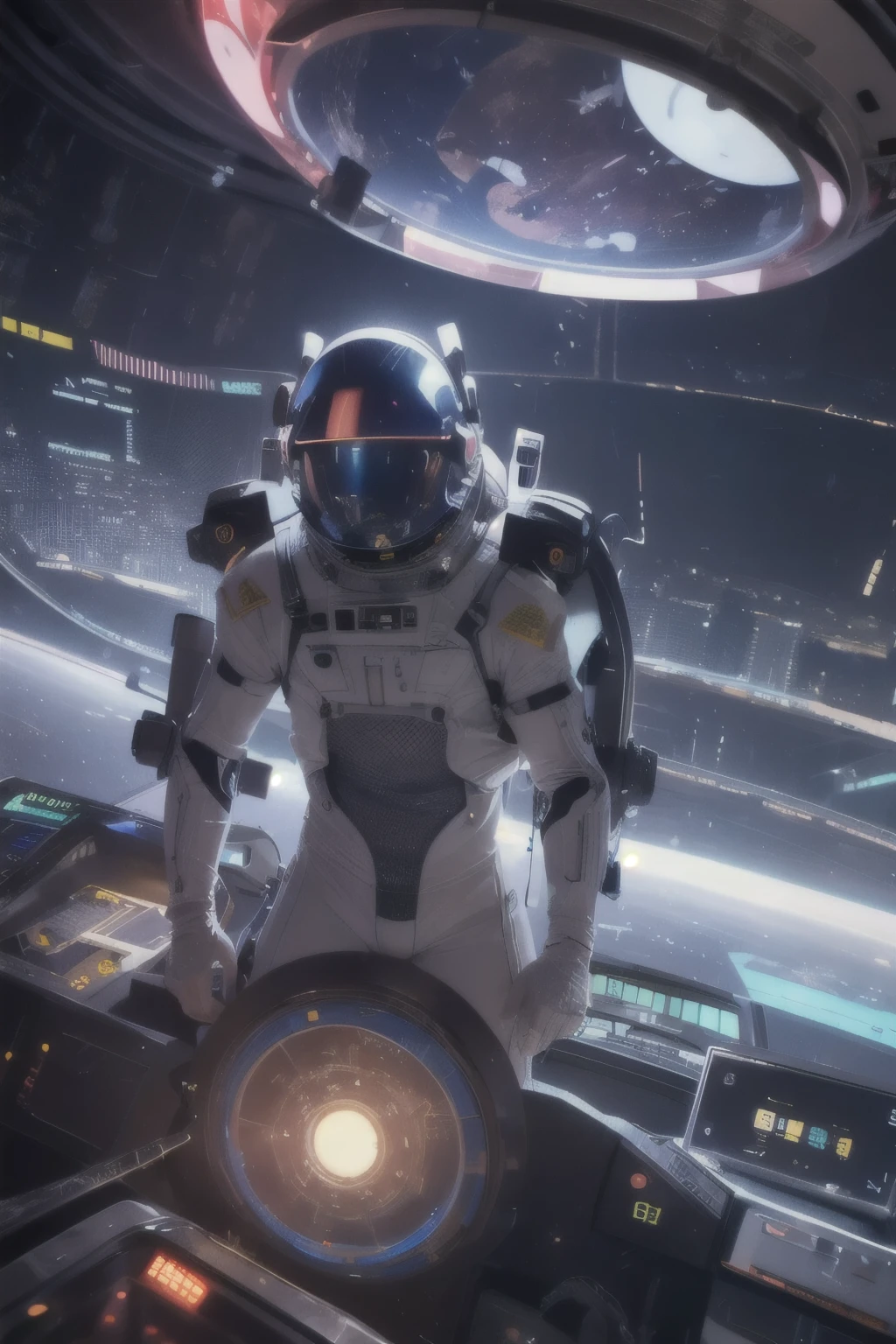 A highly detailed astronaut floating in a futuristic space station, hyperrealistic, intricate machinery, glowing holographic displays, sleek metallic surfaces, dramatic lighting, cinematic composition, vivid colors, 8K, photorealistic
