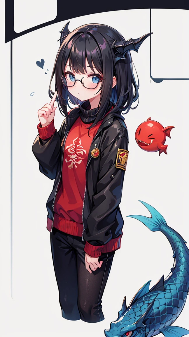  1 girl, black hair, Glasses,half fish man,Dragon Palace,