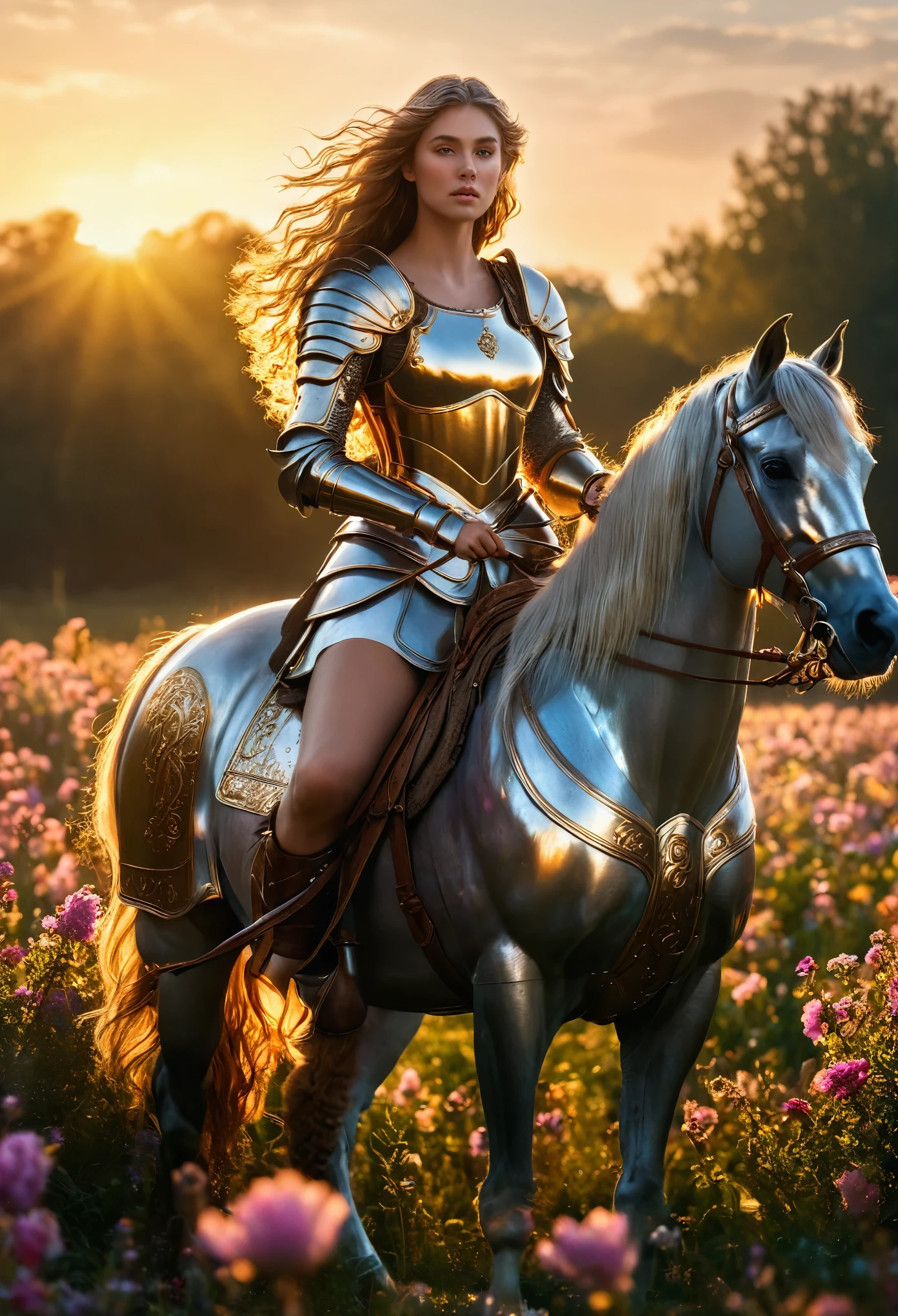 a majestic centaur girl, long wavy hair, shining medieval armor, field of flowers, dawn, golden light playing across features, (best quality,4k,8k,highres,masterpiece:1.2),ultra-detailed,(realistic,photorealistic,photo-realistic:1.37),highly detailed digital art, fantasy, intricate details, cinematic lighting, vibrant colors, dramatic composition