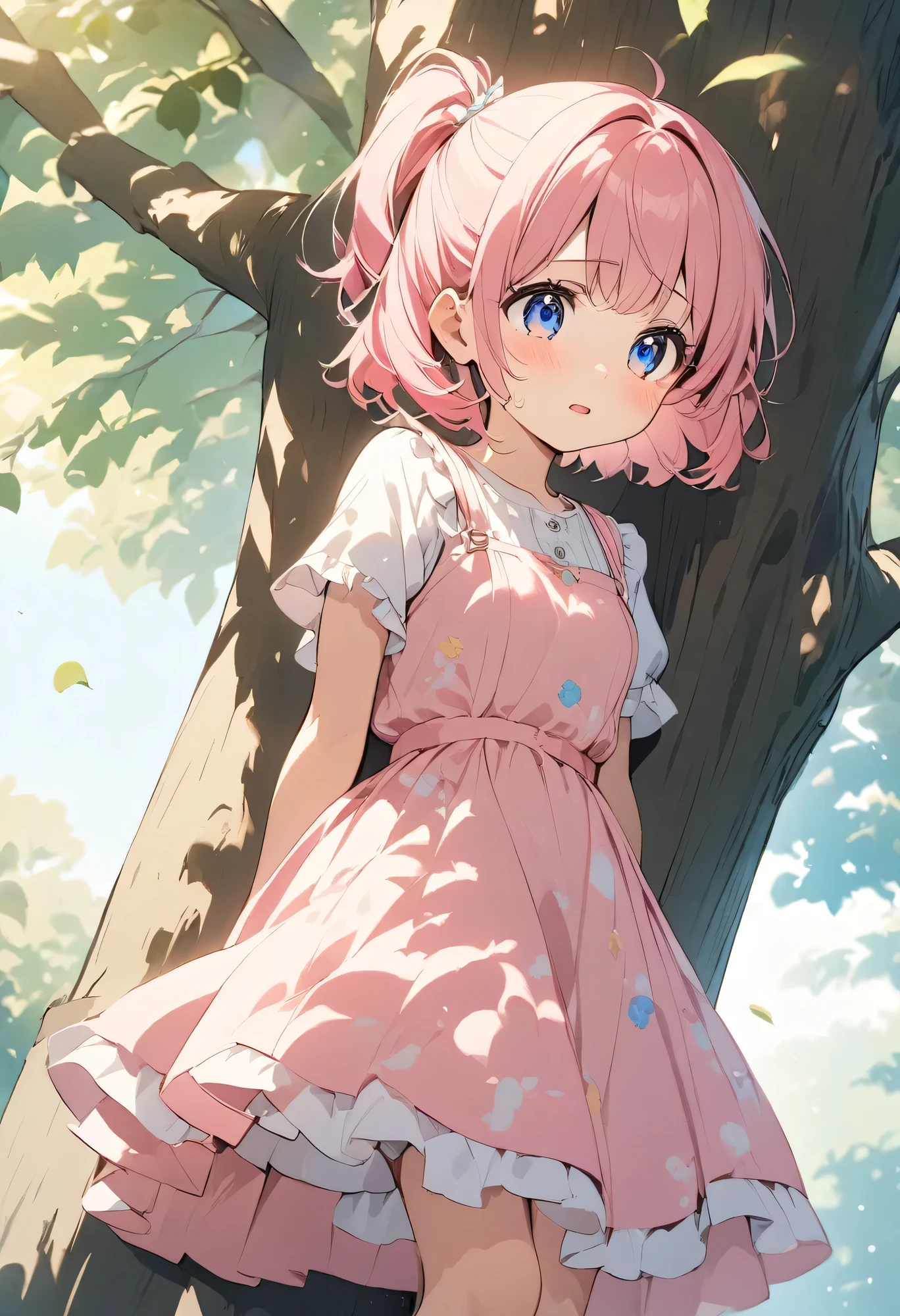 best quality, super fine, 16k, incredibly absurdres, extremely detailed, delicate and dynamic, cute girl, pink bob cut, two antennae, big eyes, red pupils, small and cute, blue crop tank top, loose-fitting beige Arabian pants, barefoot, vast expanse of grass, swirling effect of glittering aura
