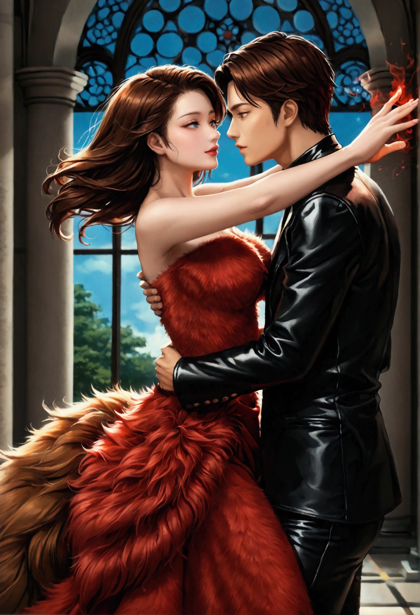 Korean man ((with brown eyes)), Beautiful,  brown short hair , (( in a black leather shirt with the scent of )),  black classic pants dancing a hot waltz with a girl whose blue eyes are big (  European looks)  brown long hair waltz around the couple and  ((( in red gorgeous beautiful magic (( a very fluffy strapless dress ))  hourglass neckline The lush strapless style )))  in a magical academic beautiful castle , people around in the background are waltzing 