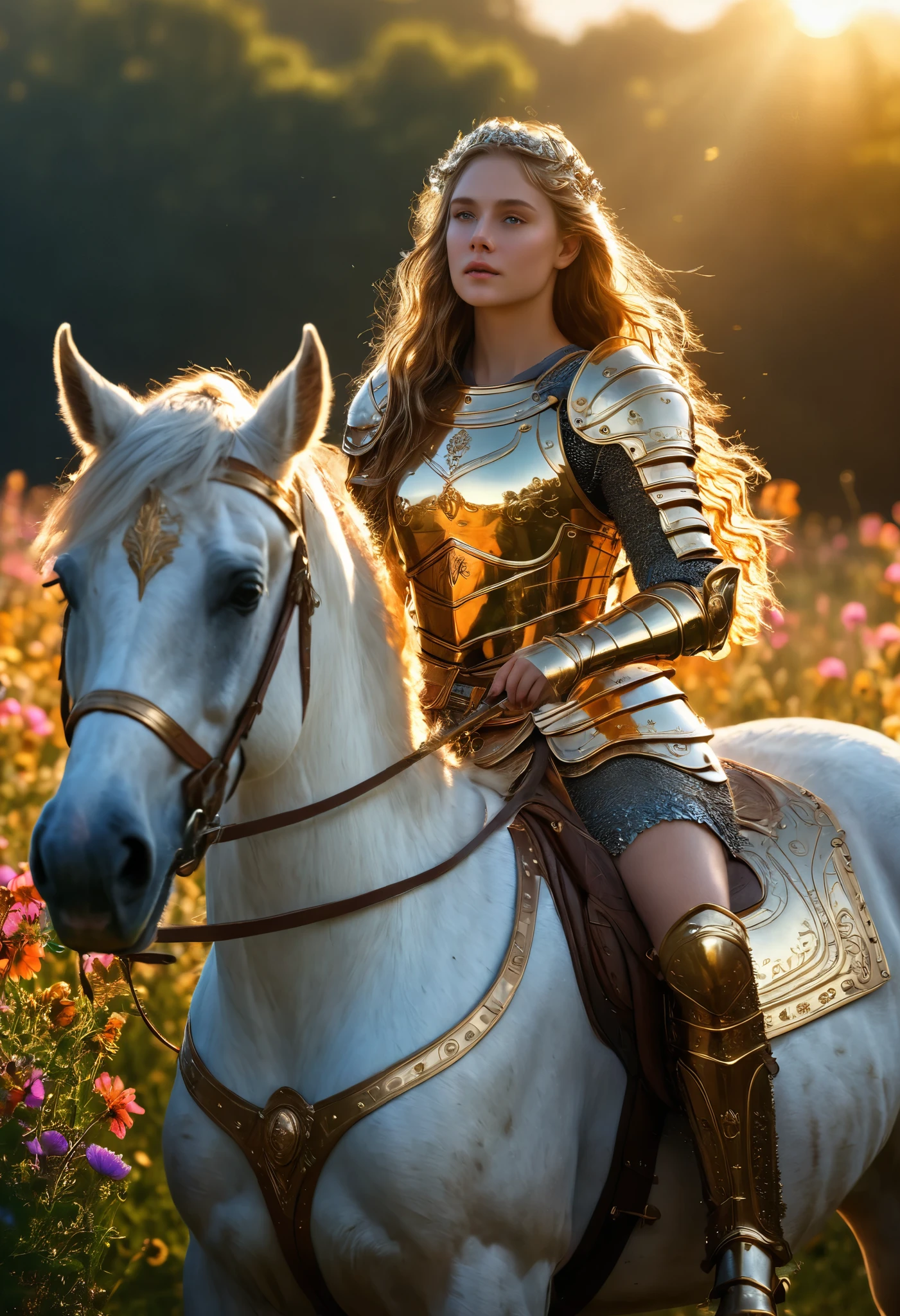 a majestic centaur girl, long wavy hair, shining medieval armor, field of flowers, dawn, golden light playing across features, (best quality,4k,8k,highres,masterpiece:1.2),ultra-detailed,(realistic,photorealistic,photo-realistic:1.37),highly detailed digital art, fantasy, intricate details, cinematic lighting, vibrant colors, dramatic composition