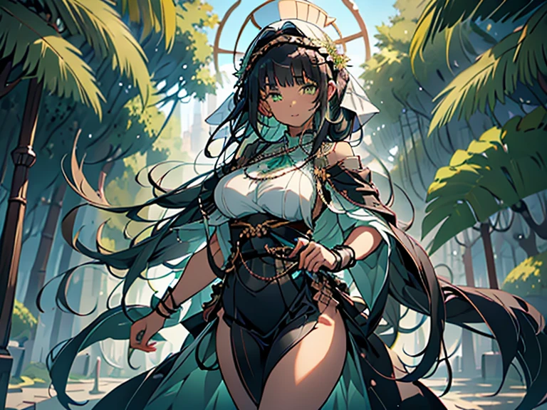 Pure sky,Plump legs,Green gem setting,Anime girl standing gracefully on the ground,Black cape and green hair, rogue anime girl, Anime girl standing, Wearing a cloak on the blasted plain, asuka suit under clothes!, Cyborg girl, badass posture, mechanic punk outfit, anime styled 3d, render of a cute 3d anime girl, gapmoe yandere grimdark, Female character,musculature,Abs,Glowing green eyes,Black hair with green gradient,extra very long hair,Bunched hair,Dull hair,(Muscle 2.0),Tomboyish,Be red in the face,looking at viewert,Elaborate Eyes,Black mechanical legs,huge tit,ssmile,Openwork black silk,Straight big breasts,strappy,White openwork hot pants,White bandeau,High-fork panties,Toothless smile,Lower breast,Mechanical wind,There are no cities,Side breasts,Excitation,Top crotch,Sexy lower abdomen,Camel toes,Sexy underarms,ultra gigantic tits