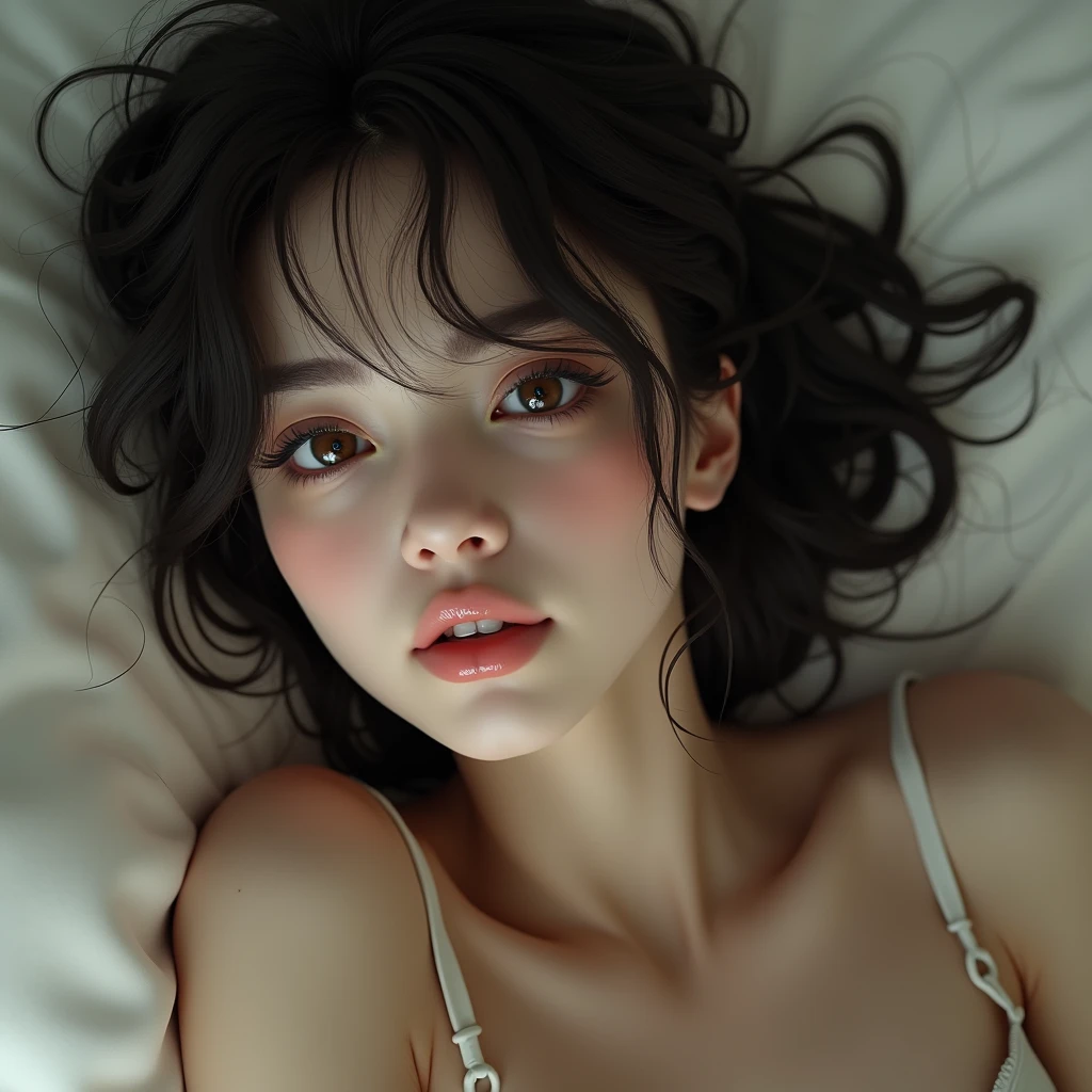 1 woman, 8k, RAW photo, (top quality, masterpiece, intricate detail: 1.4), (realistic, photorealistic: 1.3), (realistic: 1.3), photorealistic, ((woman lying in bed: 1.8)), (beauty like an actress in Japan), ((light lingerie)), (pale colored lingerie), (sweat-soaked and transparent lingerie), Lingerie wet with sweat and sticking to the skin, (wet hair), (wet bangs), wet skin, 30 years old, (small face: 1.5), (sensual expression), light makeup, thin eyebrows, detailed and beautiful face, detailed eyes, (tear bags: 1.5), detailed fingers, detailed legs, detailed skin, medium breasts, shiny hair, shiny skin