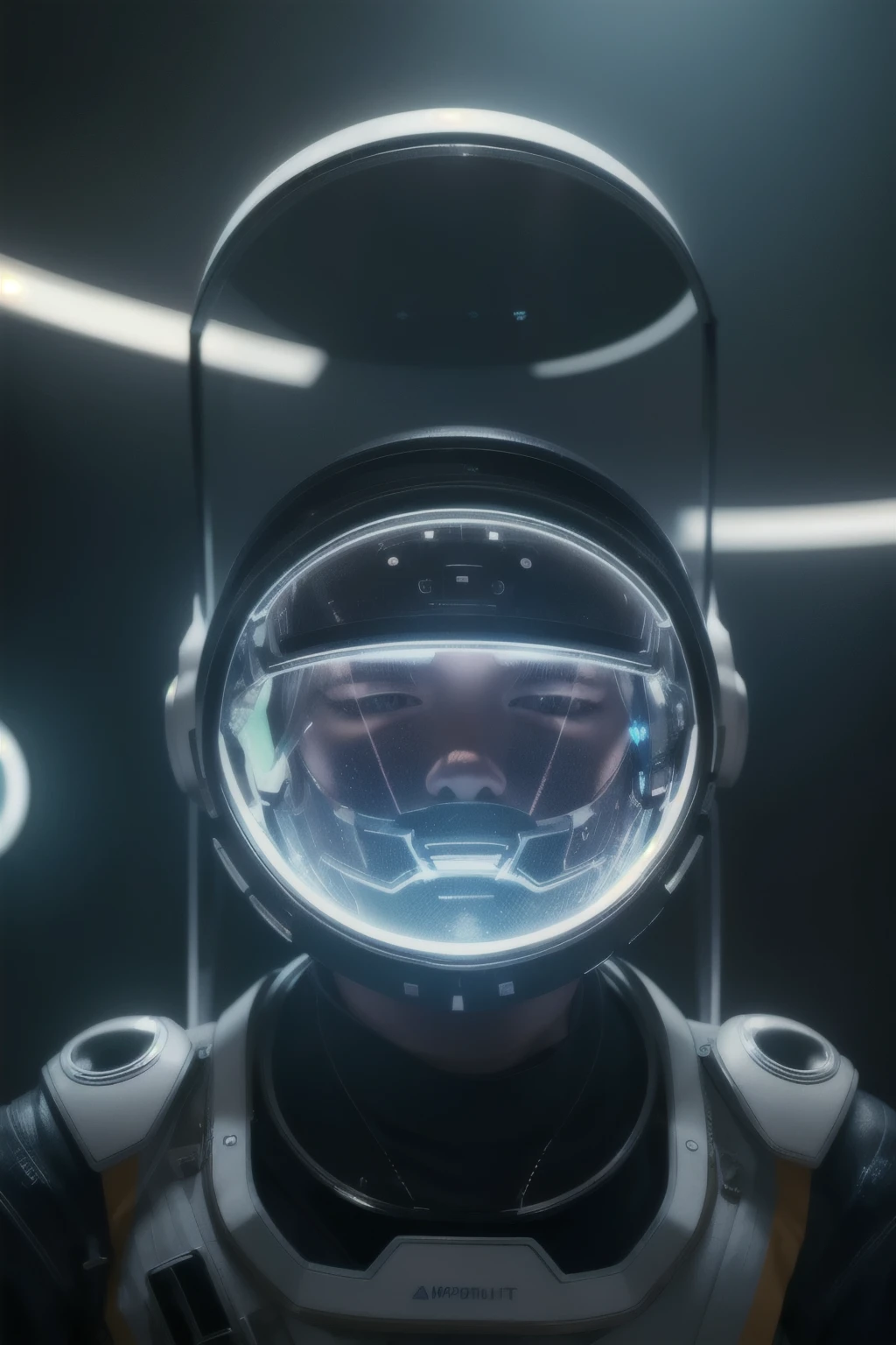 A highly detailed astronaut floating in a futuristic space station, hyperrealistic, intricate machinery, glowing holographic displays, sleek metallic surfaces, dramatic lighting, cinematic composition, vivid colors, 8K, photorealistic