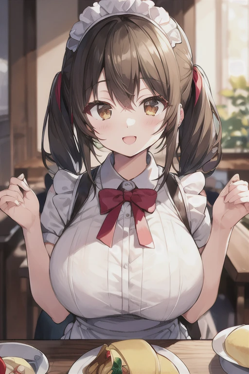 Solo Girl, Twin tail hair, Light brown hair, Brown eyes, Center of chest, Highest quality, High resolution, Very detailed, Detailed Background, Perfect lighting、Inside the maid café、Are standing,Holding an omelet,Put on the table,Cute maid outfit、very cute,Large Breasts,Cute eyes,Puffy eyes,smile,