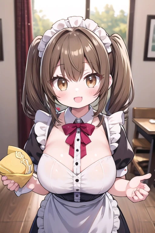 Solo Girl,Twin tail hair, Light brown hair, Brown eyes, Center of chest, Highest quality, High resolution, Very detailed, Detailed Background, Perfect lighting、Inside the maid café、Are standing,Holding an omelet,Put on the table,Cute maid outfit、very cute,Large Breasts,Cute eyes,Puffy eyes,smile,