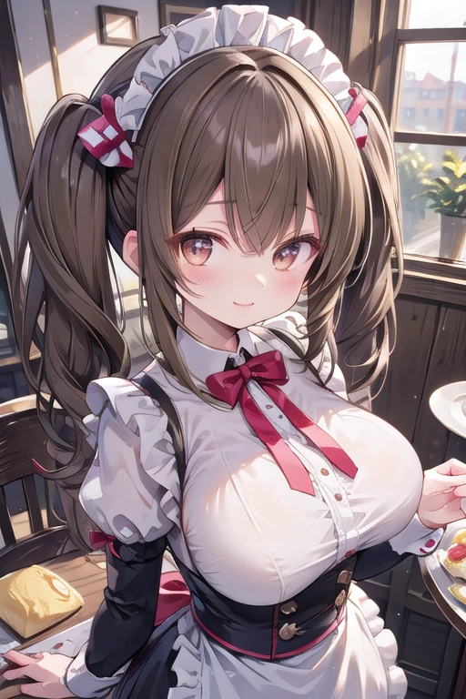 Solo Girl, ,, Twin tail hair, Light brown hair, Brown eyes, Center of chest, Highest quality, High resolution, Very detailed, Detailed Background, Perfect lighting、Inside the maid café、Are standing,Holding an omelet,Put on the table,Cute maid outfit、very cute,Large Breasts,Cute eyes,Puffy eyes,smile,