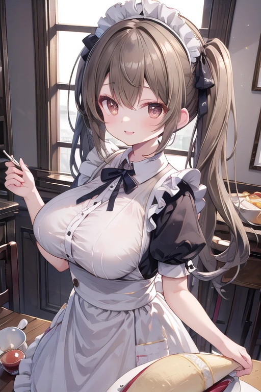 Solo Girl, ,, Twin tail hair, Light brown hair, Brown eyes, Center of chest, Highest quality, High resolution, Very detailed, Detailed Background, Perfect lighting、Inside the maid café、Are standing,Holding an omelet,Put on the table,Cute maid outfit、very cute,Large Breasts,Cute eyes,Puffy eyes,smile,