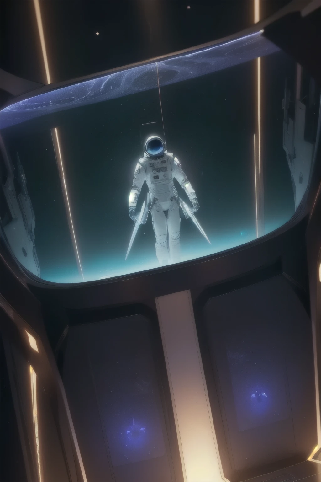 
A highly detailed astronaut floating in a futuristic space station, hyperrealistic, intricate machinery, glowing holographic displays, sleek metallic surfaces, dramatic lighting, cinematic composition, vivid colors, 8K, photorealistic