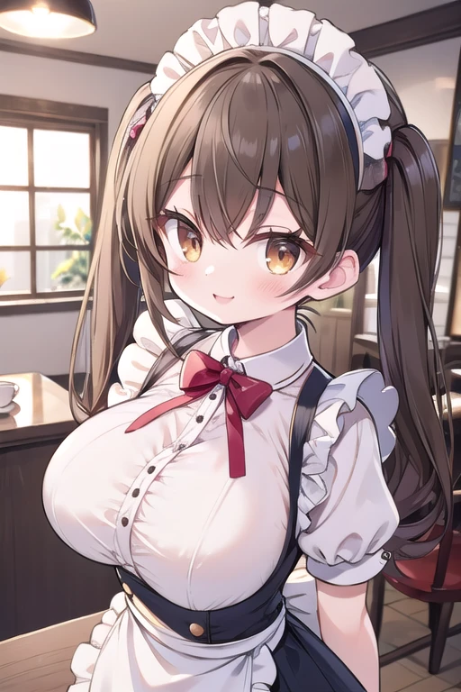 Solo Girl,Twin tail hair, Light brown hair, Brown eyes, Center of chest, Highest quality, High resolution, Very detailed, Detailed Background, Perfect lighting、Inside the maid café、Are standing,Holding an omelet,Put on the table,Cute maid outfit、very cute,Large Breasts,Cute eyes,Puffy eyes,smile,