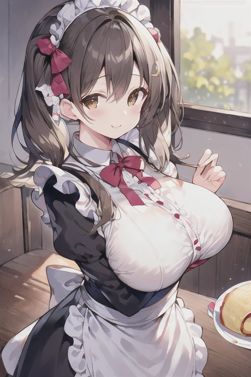 Solo Girl, Twin tail hair, Light brown hair, Brown eyes, Center of chest, Highest quality, High resolution, Very detailed, Detailed Background, Perfect lighting、Inside the maid café、Are standing,Holding an omelet,Put on the table,Cute maid outfit、very cute,Large Breasts,Cute eyes,Puffy eyes,smile,