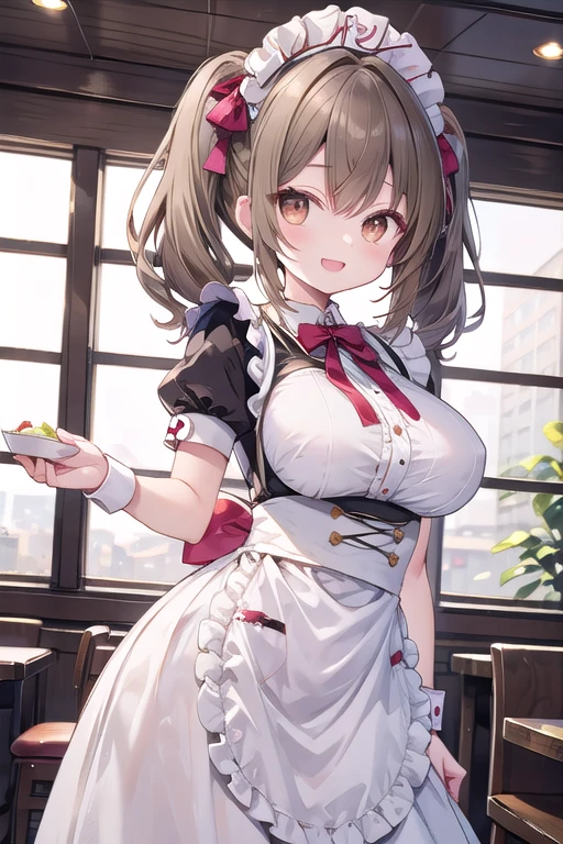 Solo Girl,Twin tail hair, Light brown hair, Brown eyes, Center of chest, Highest quality, High resolution, Very detailed, Detailed Background, Perfect lighting、Inside the maid café、Are standing,Holding an omelet,Put on the table,Cute maid outfit、very cute,Large Breasts,Cute eyes,Puffy eyes,smile,